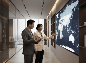 Two professionals stand in a dimly lit office space, gesturing toward a large digital screen displaying a glowing world map.
