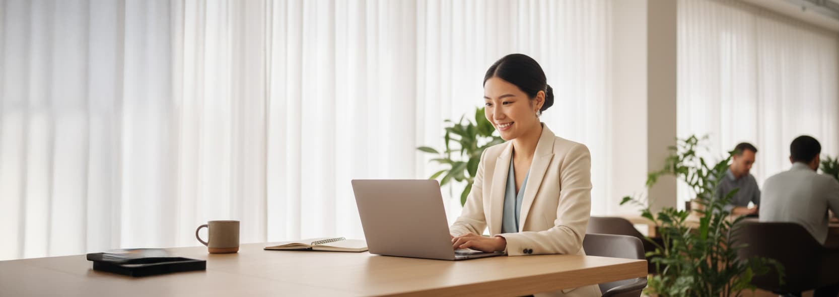 A woman in a cream blazer smiles while typing on a laptop at a wooden desk in a bright, modern office with plants in the background.